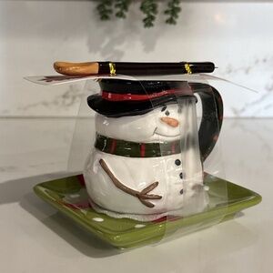 Corner Ruby Snowman Cup, Saucer & Spoon Set